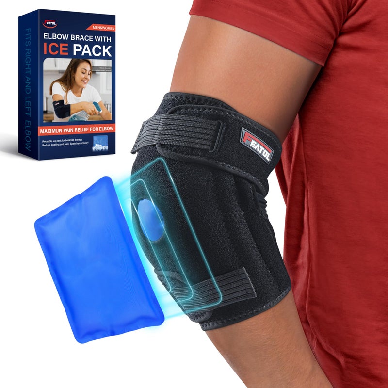 FEATOL Elbow Brace with Ice Pack for Tendonitis and Tennis ElbowPain Relief for Cubital Tunnel Ulnar Nerve Entrapment BursitisReusable Ice Pack Brace for Men and Women Medium